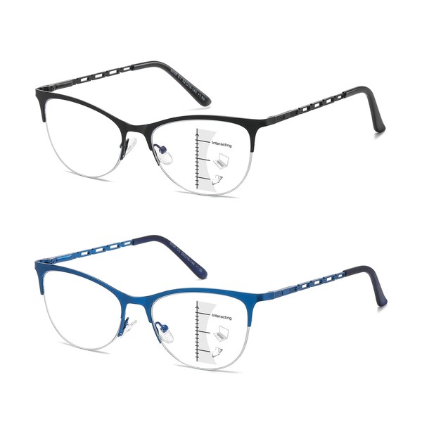 LKEYE-Gafas de lectura multifocales para mujer, multifoco progresivo, luz azul, lectores de computadora, ojo de gato, Metal, medio marco grande, gafas sin línea, lentes bifocales de enfoque múltiple,