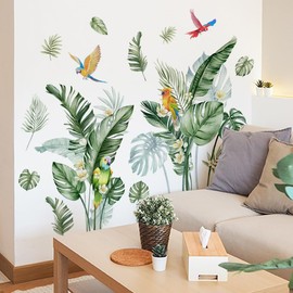 LOONELO Green Plants Leaves Wall Stickers, Spring Palm Leaf Birds Wall Decals, PVC Waterproof Self Adhesive Tropical Plants Art Stickers for Living Room Bedroom Sofa TV Wall Decoration
