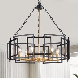 XINGQI 25 Inch Black Gold Chandelier 6-Light Large Modern Farmhouse Chandelier Adjustable Height Industrial Pendant Lighting Fixture for Dining Room Living Room Kitchen Island Bedroom Office Metal