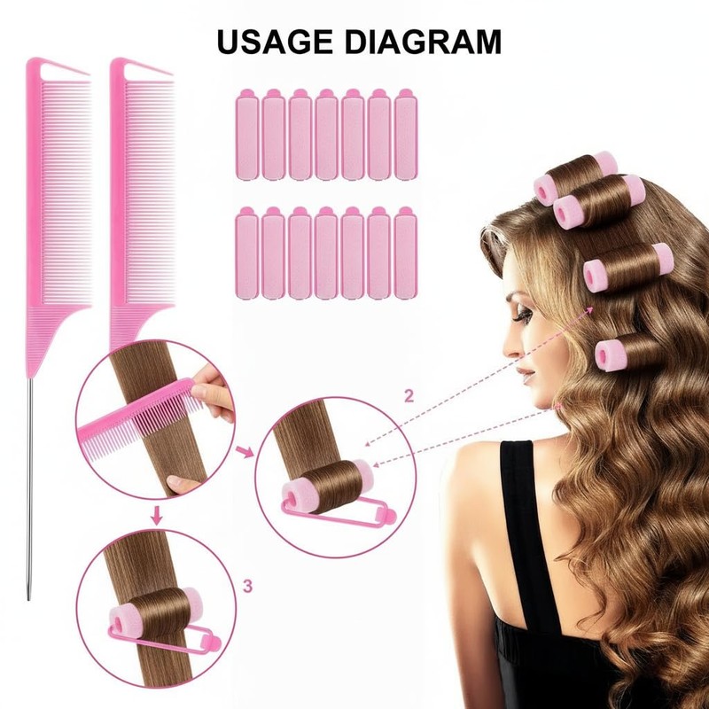 Hair Roller Set with Rat Tail Combs 28 Foam Rollers