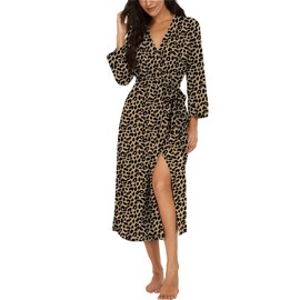 VINTATRE Women Kimono Robes Long Knit Bathrobe Lightweight Soft Knit Sleepwear V-neck Casual Ladies Loungewear FP-Leopard Khaki-Medium