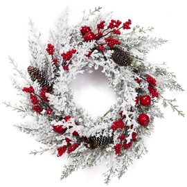 FairyLee Christmas Wreath, 18 Inch Snow Flocked White Winter Wreath with Pine Cones Berries Apples for Front Door Fireplace Table Centerpiece Holiday Home Indoor Outdoor Decoration