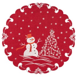 Beautifully Elegant Silver Star Topped Trees and Snowman on Red Linen Doily, Table Topper, Small Tablecloth, Table Centerpiece (23" Round)