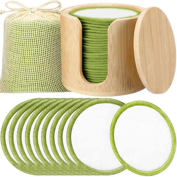 40 Pieces Reusable Makeup Remover Pads Natural Washable Bamboo Cotton Rounds for Most Skin Types Washable Make up Pad for Toner with Bamboo Holder and Laundry Bag (White, Green)