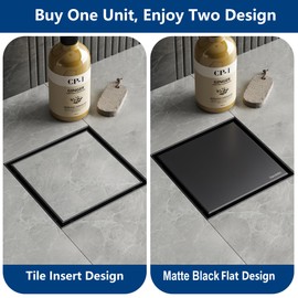 Neodrain 6-Inch Square Shower Drain with Removable Tile Insert Grate, 304 Stainless Steel, Includes PVC Shower Drain Base Hair Strainer, Matte Black