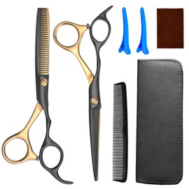Hairdressing Scissors, Jiasoval 6 Inch Hair Cutting Scissor & Thinning Scissors Hairdressing, Stainless Steel Barber Scissors with Leather Cover, Comb, Hair Clip, Professional Salons Hair Shears Set