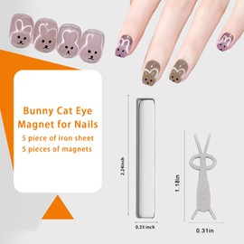 XEAOHESY 5 Pieces Bunny Cat Eye Magnet for Nails, 5 Strong Rectangle Magnets+5 Rabbit Shape Iron Plate, Rabbit Magnet for Cat Eye Gel Polish