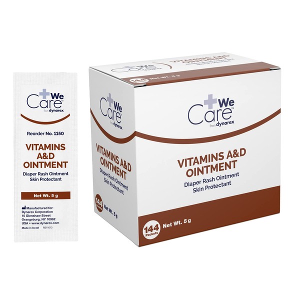 Dynarex Vitamins A & D Ointment, Vitamin A and Vitamin D Help Prevent & Treat Skin Irritation, Diaper Rash, White, 1 Box of 144 - 5g Packets