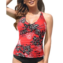 Fanuerg Tankini Top Only Twist Front Bathing Suit Tops for Women Tummy Control Tank Tops V Neck Swimsuit Top No Bottom Orange Red Floral XL