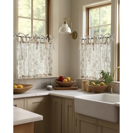 jinchan Floral Linen Tier Curtains 36 Inch Farmhouse Cafe Curtains Tie Top Botanic Drapes for Small Windows Over Sink for Kitchen Country Rustic Laundry Room Bathroom RV 2 Panels Green on Beige