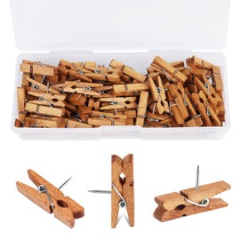 Pack of 80 Wooden Thumbtacks Clips, Decorative Push Pins with Wooden Clips for Cork Boards Craft Art Projects Photo Supplies, Offices and Home