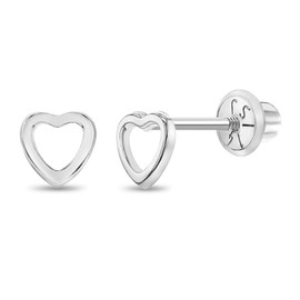 14k White Gold Cute 5mm Open Heart Screw Back Earrings for Baby Girls & Toddlers, Small Stud Earring Set for Little Girls- Safety Screw back Locking for Children, Tiny Heart Earrings for Girls