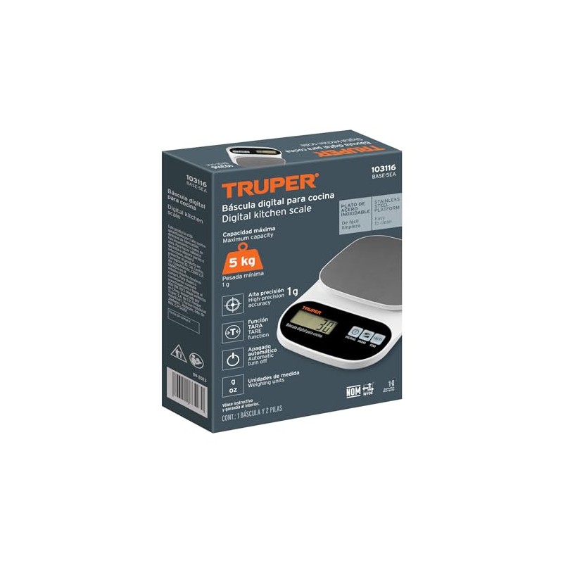 Truper BASE-5EA, Báscula digital para cocina plato de acero inoxidable