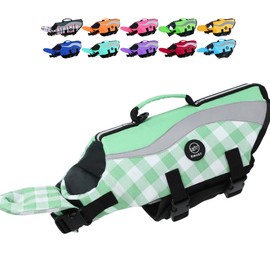 EMUST Dog Life Vests, Adjustable Life Jackets for Boat with Front Float, High Visibility Swim Vests for Dogs, Medium Dog Water Vest Safety Swimsuit, Turquoise Check, M