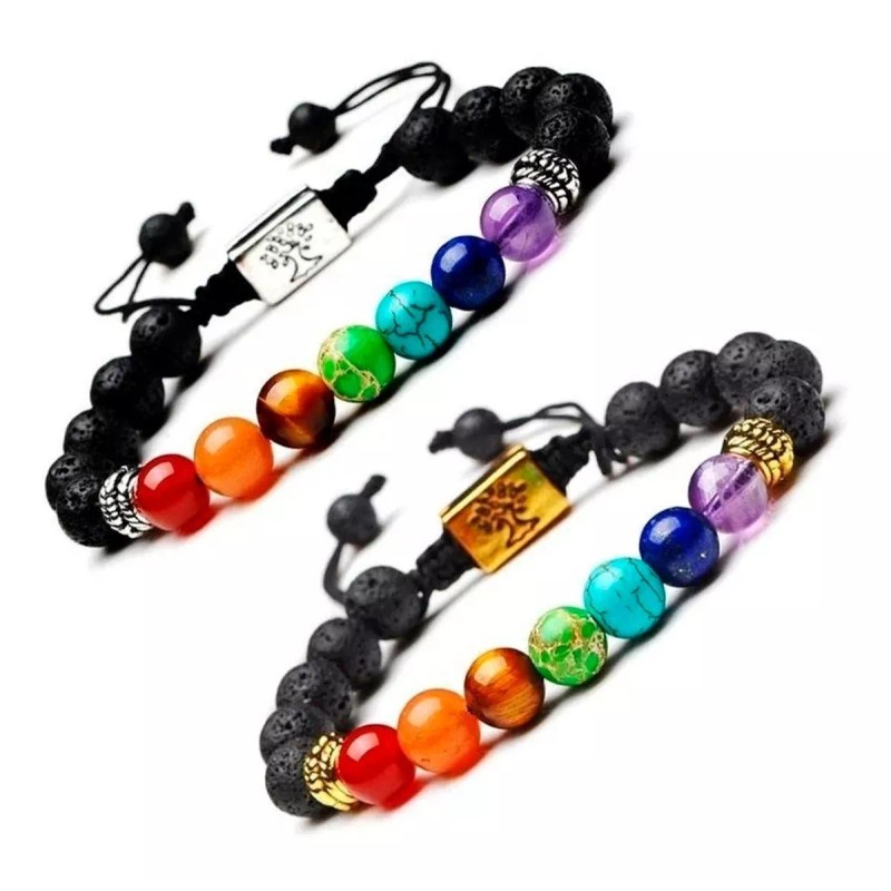 Veraly Brazalete Pulsera Piedra De Lava 7 Chakras Árbol Bodhi