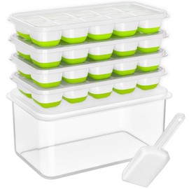 DOQAUS Ice Cube Tray with Lid and Bin, 4 Pack Silicone Plastic Ice Cubes Trays for Freezer with Box/Container, Stackable with Storage Iced Bucket Kits, Scoop, for RV, Soup, Food, Cocktail, Coffee