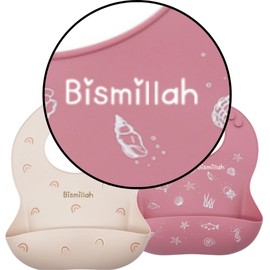 Cerise&Fraise Bismillah Silikon-Lätzchen, wasserdicht, BPA-frei, 100 % lebensmittelechtes Silikon, weich und flexibel, einzigartiges Design, 2 Stück, Rosa, One size