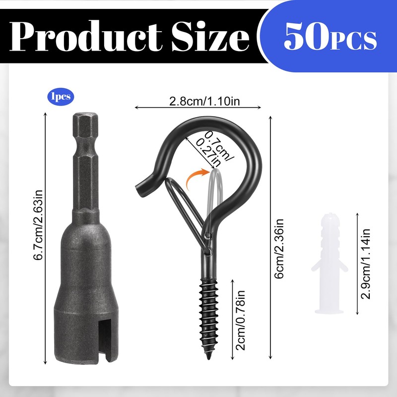 saerryor 50 Pack Q-Hanger Hooks with Safety Buckle,Screw Hooks Includes