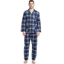 GLOBAL - Pantalones de pijama 100% algodón para hombre, pantalones de tela escocesa tejida con cordón elástico para dormir, azul marino, Small