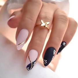 French Almond Press on Nails Spring Summer Fresh Cute Flowers Gold Stripe Wave Design Black Fake Nails Frosted Glued Full Coverage False Nails Women Girls