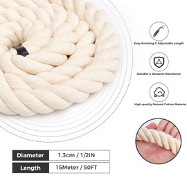 Natural Cotton Rope (1/2inches x 50ft), 3-Strand Twisted Cotton Rope, Natural Thick White Rope, Soft Rope Cord Craft Rope for DIY Crafts Decoration Pet Toys, Indoor & Outdoor Use