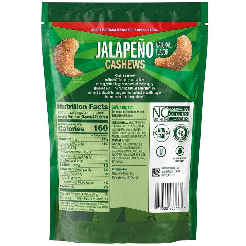 Emerald Nuts, Jalapeno Cashews, 5 Oz, Resealable Bag (Pack of