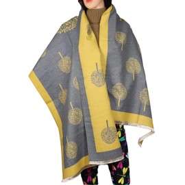 Women Winter Scarf Tree Of Life,Cashmire Soft Touch Reversible Pashmina Shawl, Scarves Wraps, Blanket, Mulberry Tree Large Ladies Girls (Grey Mustard)
