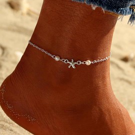 Atentuyi Pearl Anklet Silver Starfish Ankle Bracelet Bohemian Foot Chain Anklet Barefoot Beach Anklet Jewelry for Women and Girls