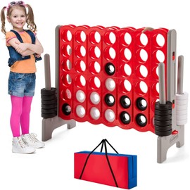 HONEY JOY Jumbo 4-to-Score Giant Game Set with Carry Bag, Giant Outdoor Yard Games for Family, 42 Jumbo Rings & Quick-Release Slider, 3.5FT Tall Giant 4-in-A-Row for Kids & Adults Gray