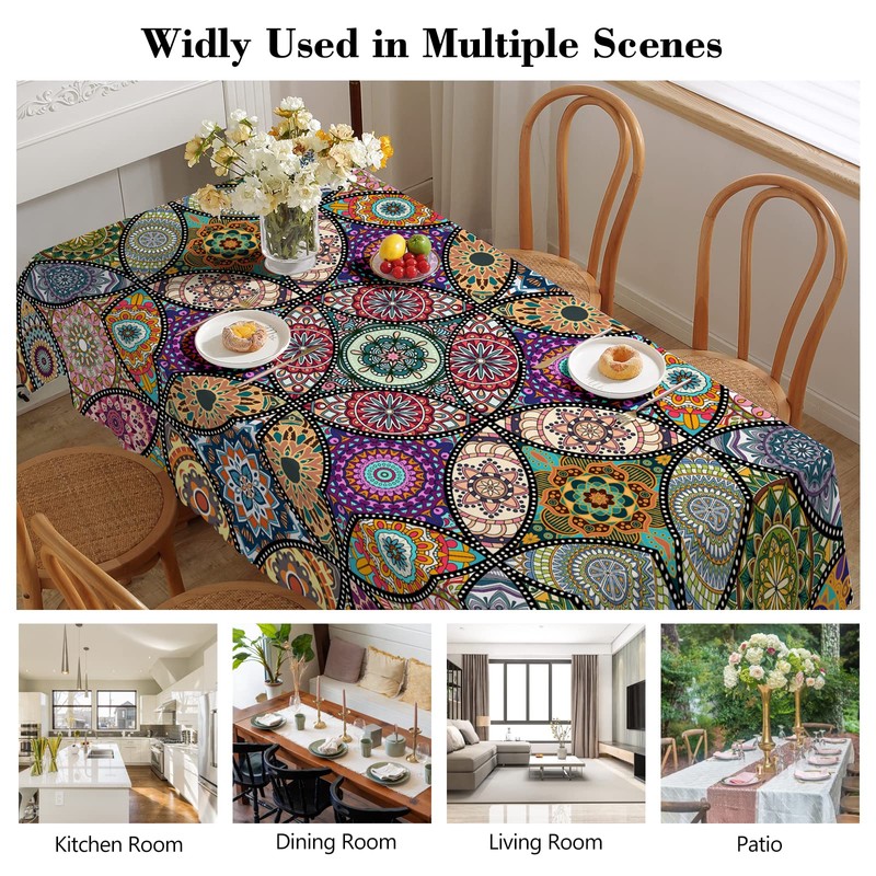 iEvery Boho Wipeable Tablecloth Rectangular, Mandala Polyester Waterproof Table Cloth
