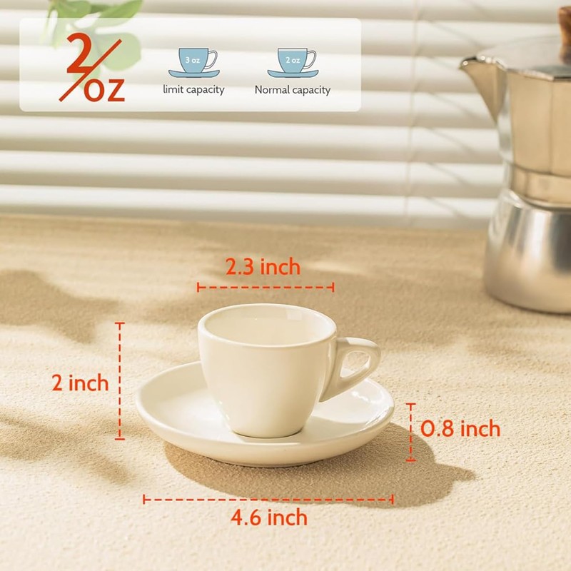 Sweese 2 Ounce Espresso Cups with Saucers, Porcelain Espresso Cups