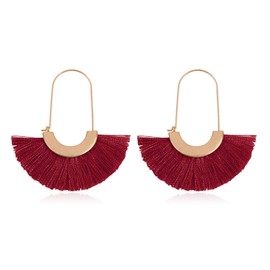 Bohemian Lightweight Silky Thread Tassel Statement Drop Earrings - Chandelier Duster, Sparkly Druzy Jewel Stone Tiered Layered Fringe Dangles (Mini Fan Threader - Burgundy)