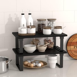 Cabinet Shelf Organizers, Set of 4 Stable Kitchen Counter Shelves, Stackable Expandable Spice Racks, Wood Anti-Slip Kitchen Organizers and Storage, Easy to Assemble, Black