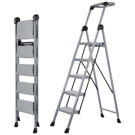 XinSunho 5 Step Ladder, Foldable Step Stool Ladder with Handrails & Tray, 660 lbs Heavy Duty Wide Pedals, Sturdy Steel Folding Ladder for Kitchen, Home, and Household Use (Silver, 5 Step)
