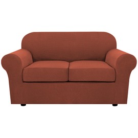 H.VERSAILTEX 3 Piece Stretch Sofa Covers for 2 Cushion Loveseat Couch Covers for Living Room Sofa Slipcovers (Base Cover Plus 2 Seat Cushion Covers) Thicker Jacquard Fabric(Medium Sofa, Rust)