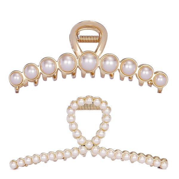 Vintage Metal Pearl Hair Claw Clips Large Size Imitation Pearl Hair Jaw Clips Hair Clasps Accessories, Elegant Pearls Hair Ornaments Barrettes for Women Lady Girls