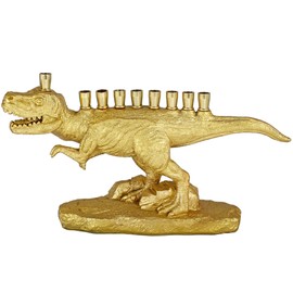 Zion Judaica Gold Dinosaur Menorah 3D Polyresin with Brass Cups Functional Kids Dino Candle Menorah Fits Standard Chanukah Candles Collectible Hanukkiah