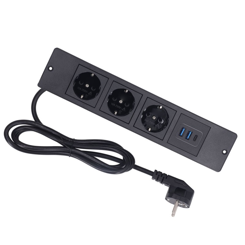 Recessed Power Strip 3xOutlets 2xUSB A 1xUSB C PD20W Ports