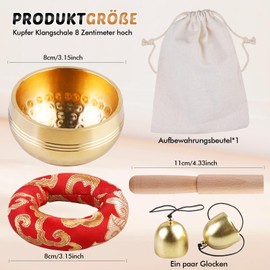 Tibetische Klangschale Set - Handarbeit Heilung Meditation Yoga Klang Schüssel Singing Bowl Klein aus Nepal mit Holz Klöppel, Klangschalenkissen, Messingglocke für Frauen Männer, 8 CM