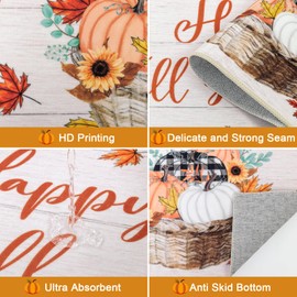 Ileading Farmhouse Kitchen Rugs Set of 3, Washable Fall Kitchen Mats for Floor 3 Piece Set with Non Slip Backing, Bow, Car and Pumpkins Print Striped Runner Rug for Laundry Room, Hallways Decor