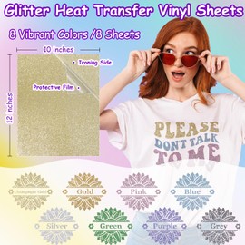 TECKWRAP Glitter Heat Transfer Vinyl Sheets, 8 Sheets 12"x10" Soft Shimmer HTV Vinyl for T-Shirts, Clothes, Bags, and More, Glitter HTV Sheets Iron on Vinyl for Most Cutter Machine, Easy to Use