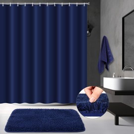 Fanfanwin 3 Pcs Bathroom Curtain Sets with Shower Rug and Towel Waterproof Shower Curtain Non Slip Bathroom Rug Bath Mat Soft Hand Towel with 12 Hooks for Hotel Shower Bathroom Decor (Navy Blue)