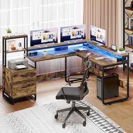 YITAHOME L Shaped Desk with Power Outlets & Hutch, Computer Desk with Drawers & LED Lights, Reversible Corner Office Desk with Printer Stand for Home Office, Rustic Brown
