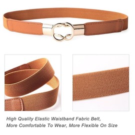 FATASH Womens Vintage Skinny Elastic Waist Belt | Slim Stretchy Elasticated Leather Cinch with Gold Interlock Metal Buckle | Retro Thin Stretch Belt Fashion Waistband for Dresses, Skirts, Jeans Brown
