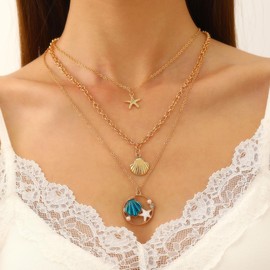 Bohemian Layered Starfish Shell Necklace for Women Trendy Summer Shell Starfish Pendant Necklace Dainty Pearl Choker Necklace Y2k Necklaces Ocean Theme Summer Beach Jewelry, Large, Metal faux pearl,