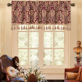 Loom and Mill Luxury Damask Valances for Windows, Burgundy Red Jacquard Floral Window Curtain Valance with Handmade Multi- Tassels, Rod Pocket Blackout Short Curtain 1 Panel, 54” x 18”, Burgundy Red