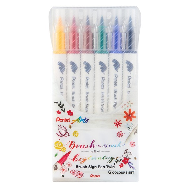 Pentel SESW30C-6 Brush Sign Pen Twin, 6-Colour Set, Fibre Tip