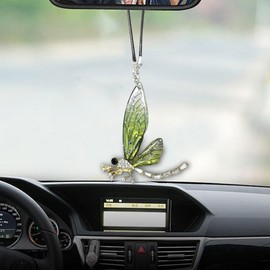 Dragonfly Car Pendant, Bling Crystal Diamond Suncatcher, Transparent Wing Metal Dragonfly Rear View Mirror Charm, Car Mirror Hanging Decoration Accessories for Room Window Wall (Green)