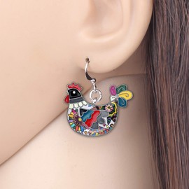 DOWAY Enamel Alloy Floral Chicken Hen Earrings Dangle Drop Charm Metal Farm Jewelry for Women Party Gift (Black)