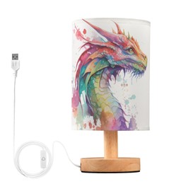 BOENLE Bedside Lamp Watercolor Dragon Table Lamp for Bedroom LED Nightstand Lamp Shade USB Ports Wood Base for Living Room Dorm Office